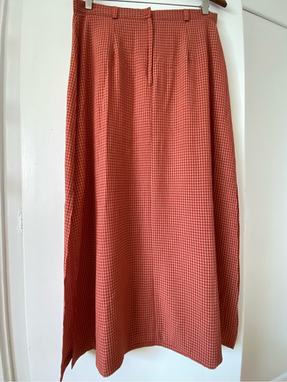 Vintage 90s Rust Check A-Line Maxi Lightweight Skirt with Slits Size 13